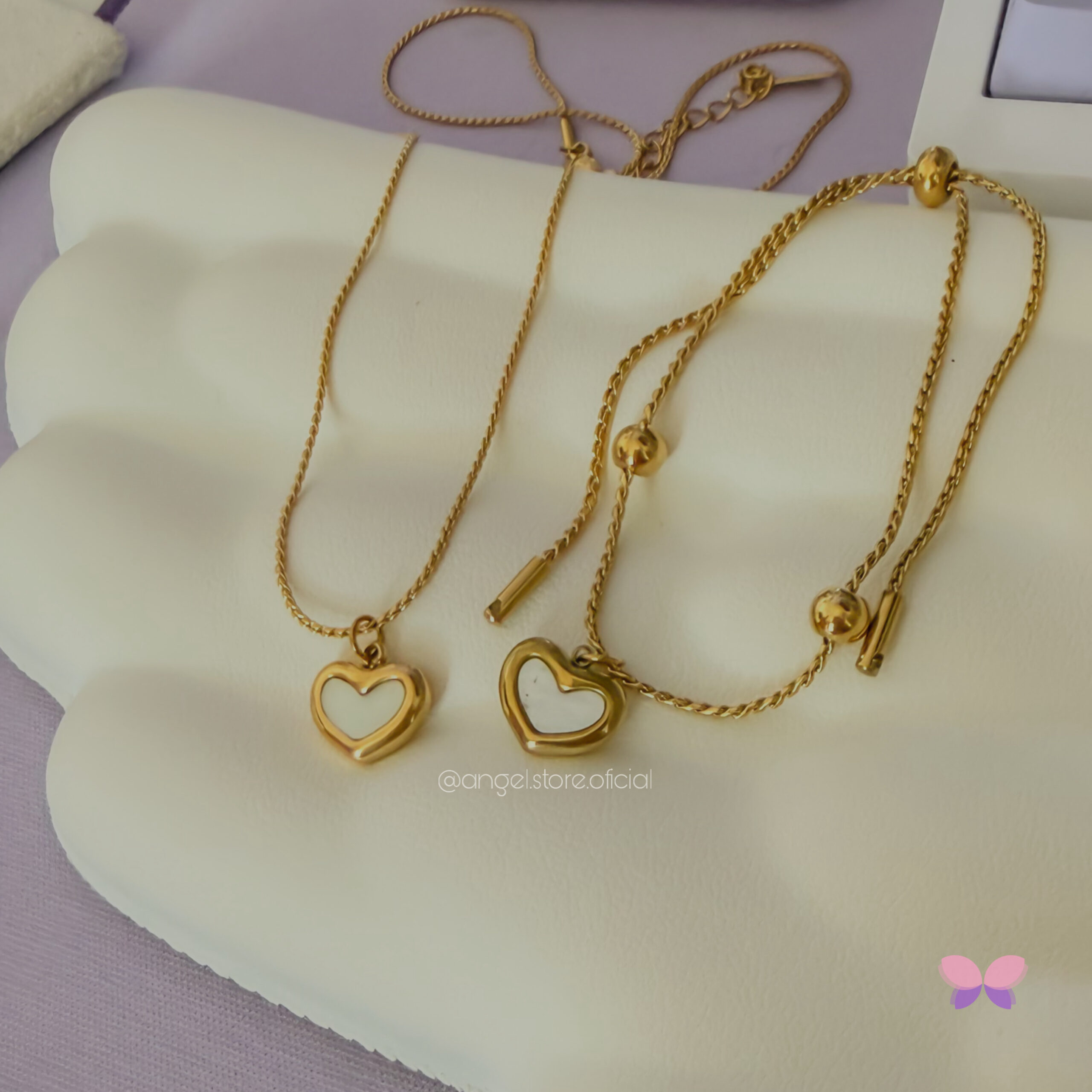 CONJUNTO CORAÇÃO ORGÂNICO MADREPÉROLA DOURADO