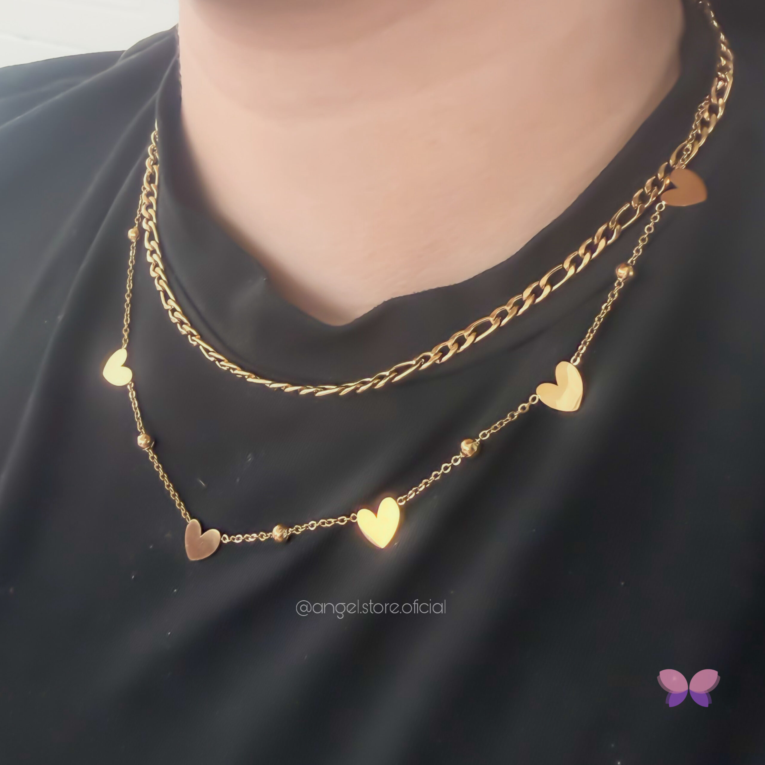 COLAR DUPLO LOVE CORAÇÕES DOURADO