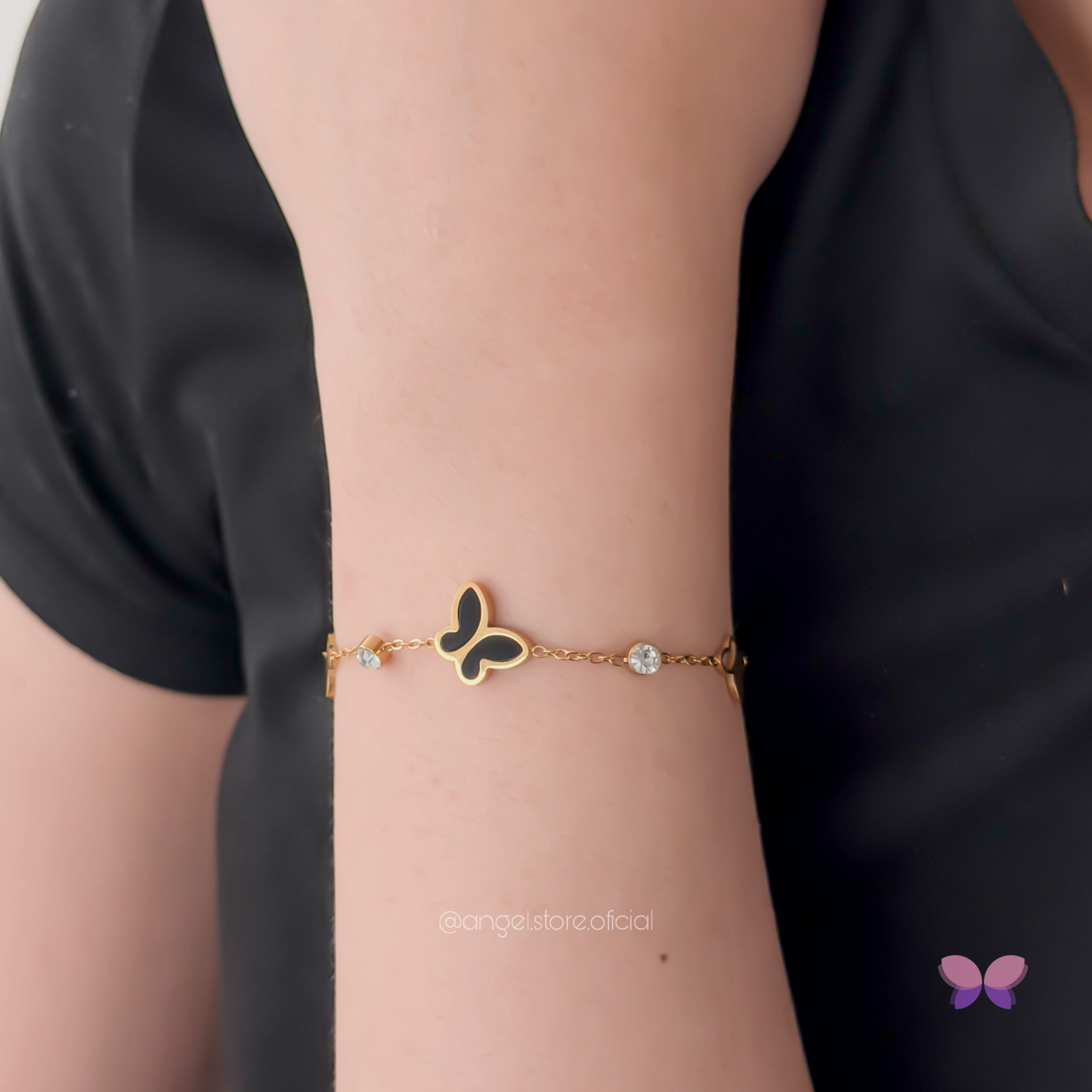 PULSEIRA CHARME DA BORBOLETA PRETA DOURADA